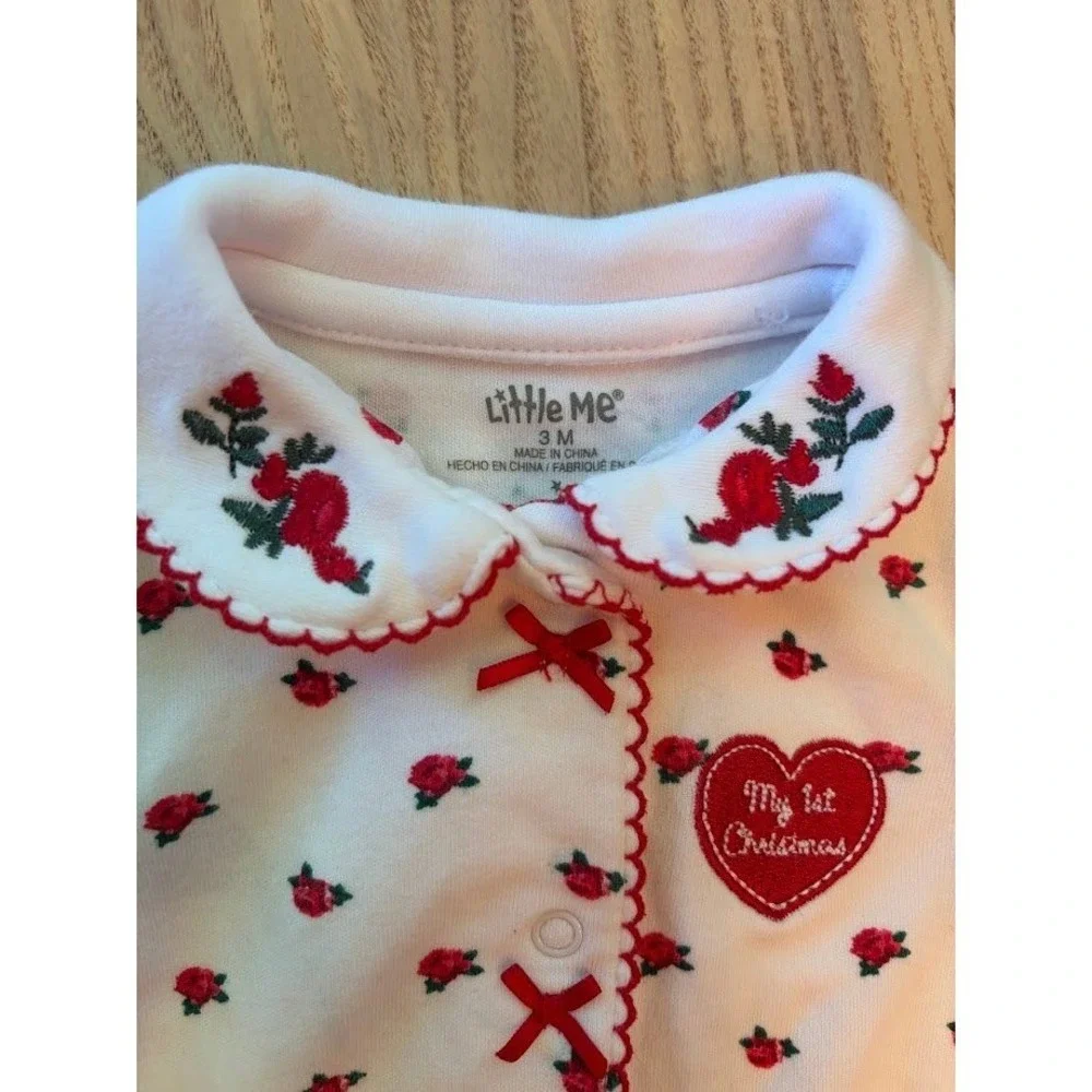 Little Me Baby Girls My 1st Christmas Rose Floral Footed Sleeper White Red 3M